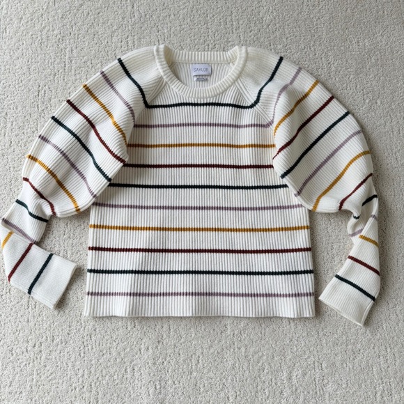 SAYLOR Keane Puff Sleeve Striped Knit Sweater Cream Size L - Picture 1 of 9